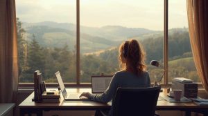 Mujer trabajando en oficina con vista - ¿Qué haría si tuviera que empezar desde cero en trabajo remoto?